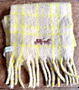 Warm Coach Embroidered Horse & Carriage Thick Fuzzy Plaid Scarf Fringe 100x12 - Picture 1 of 8