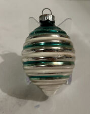 Shiny Brite Christmas Ornament Ribbed Striped Lantern Tornado Green Silver VNTG