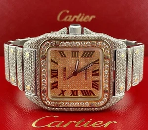 Men's Cartier Santos XL 2-Tone Iced Out 25ct Genuine Diamonds Gold Dial Ref 2656 - Picture 1 of 8