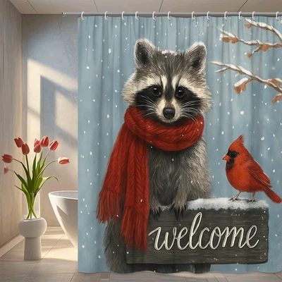 Linda cortina de ducha mapache y cardenal - decoración de bienvenida de invierno Foto 1 de 4