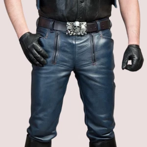 Men's Real Cowhide Leather Navy Blue Breeches Pant - Biker Sexy And Gay Hot Bluf - Picture 1 of 3