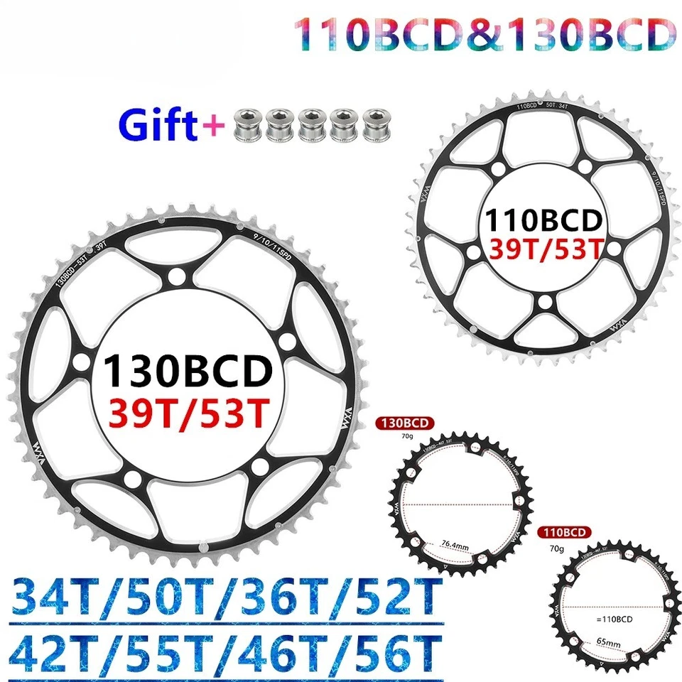 Juego de bielas para bicicleta 110BCD&130BCD 34T-50T 36T-52T 39T-53T 42T-55T-46T-56T piñón Foto 1 de 4