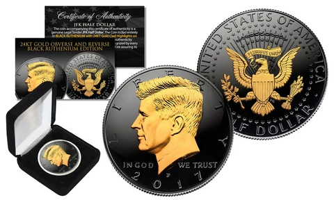 2022 Black RUTHENIUM JFK Half Dollar U.S. Coin 2-SIDED 24K Gold (P-MINT) w/ BOX Cover