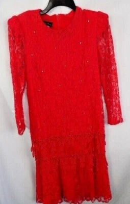 Vestido Vintage David Rosa Rojo Encaje Cintura Caída con Estrás Talla 12  Foto 1 de 4