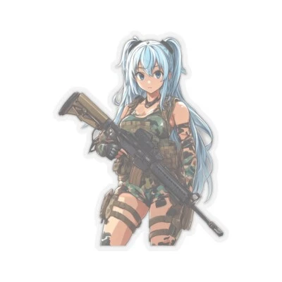 Adesivo militar sexy anime Waifu cabelo azul menina modelo rifle arma atirador soldado - Imagem 1 de 2
