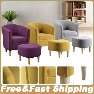 Moderno sofá de barril con silla de salón otomano tapizado tela de lino Foto 1 de 4