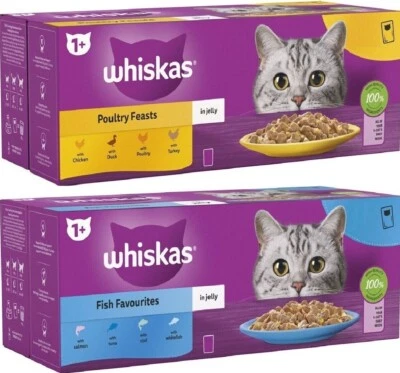 WHISKAS 1+ ADULT POUCHES 85G poultry or fish wet cat food in jelly feed bp meals