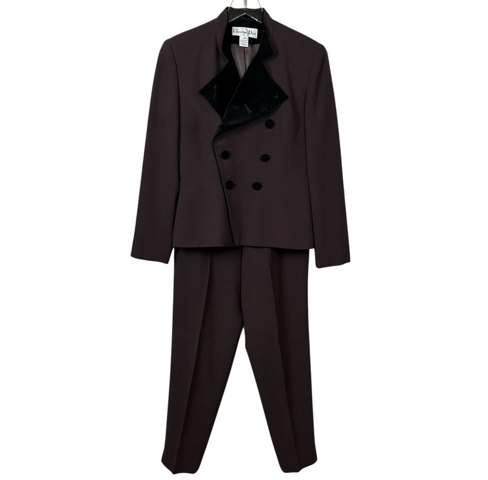 De Colección Christian Dior Lana Terciopelo Ribete Pantalones Traje Mujer 8 Marrón Diseñador Años 80 LEER Foto 1 de 4