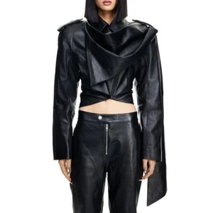MUGLER X H&M Wrap Cape Scarf Detail Leather Crop Biker Jacket Black 36 Us4 Uk8 S - Picture 1 of 8