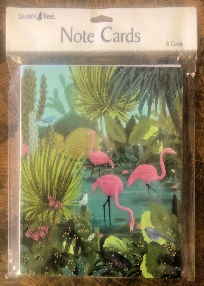 8 Leanin Tree Note Cards Lots of TROPICAL, FLAMINGOS, Birds, Cactus, Palm Trees - Image 1 of 1