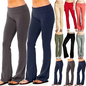 HiGH Waisted COTTON SPANDEX YOGA FLARE PANTS SOLID WORKOUT GYM FOLD OVER LOUNGE