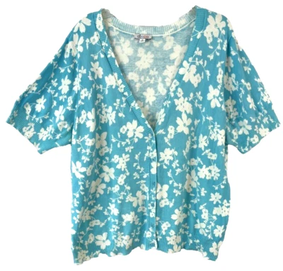 Cárdigan Suéter Denim & Co. Floral Cuello en V 2X Azul Manga Corta Mujer CB84V Foto 1 de 4