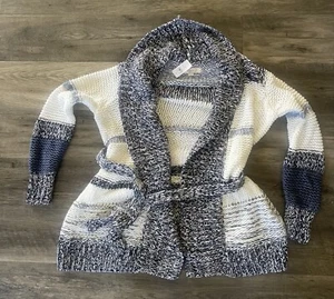 NWT Loft Ann Taylor Open Front Cardigan Knit Sweater Belt Stripes XS Grandmacore - Picture 1 of 5