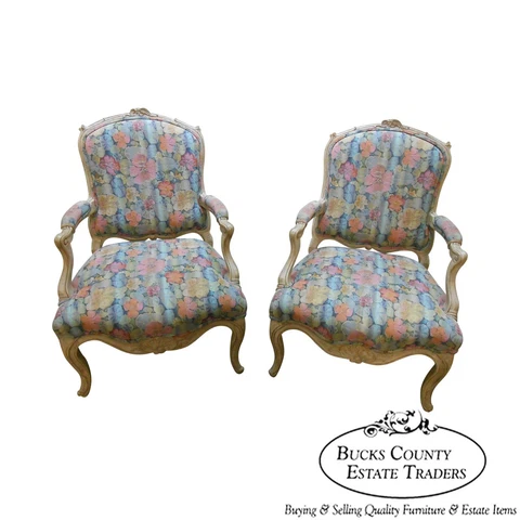 Interior Crafts Pair of Louis XV Style Fauteuil Carved Living Room Arm Chairs Cover