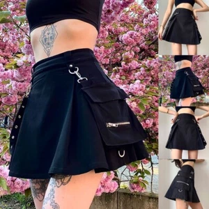 Women Gothic Punk High Waist Buckle Belt Pocket Patch Pleated A-Line Skirt - Picture 1 of 11