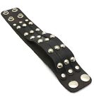 Black Leather Snap Button Bracelet with Metal Rivets and Stripes