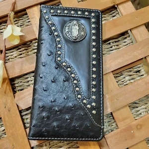 Mens wallet Virgen de Guadalupe Western Bifold W011-17 Ostrich Black check book - Picture 1 of 9