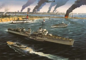 (b20) Dunkirk Evacuation HMS Shikari HMS Grafton & Paddle Steamer - Art Postcard - Picture 1 of 1