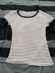 Top corto Active USA Stiped blanco azul bordes cuello redondo, 95 % rayón, talla S - Imagen 1 de 7