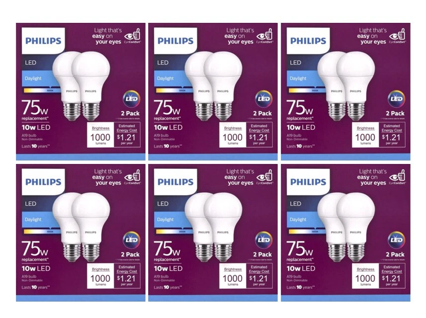 12 Philips 10W LED Light Bulbs A19 Daylight Instant On Eye Comfort 6 Packs of 2 - Image 1 of 1