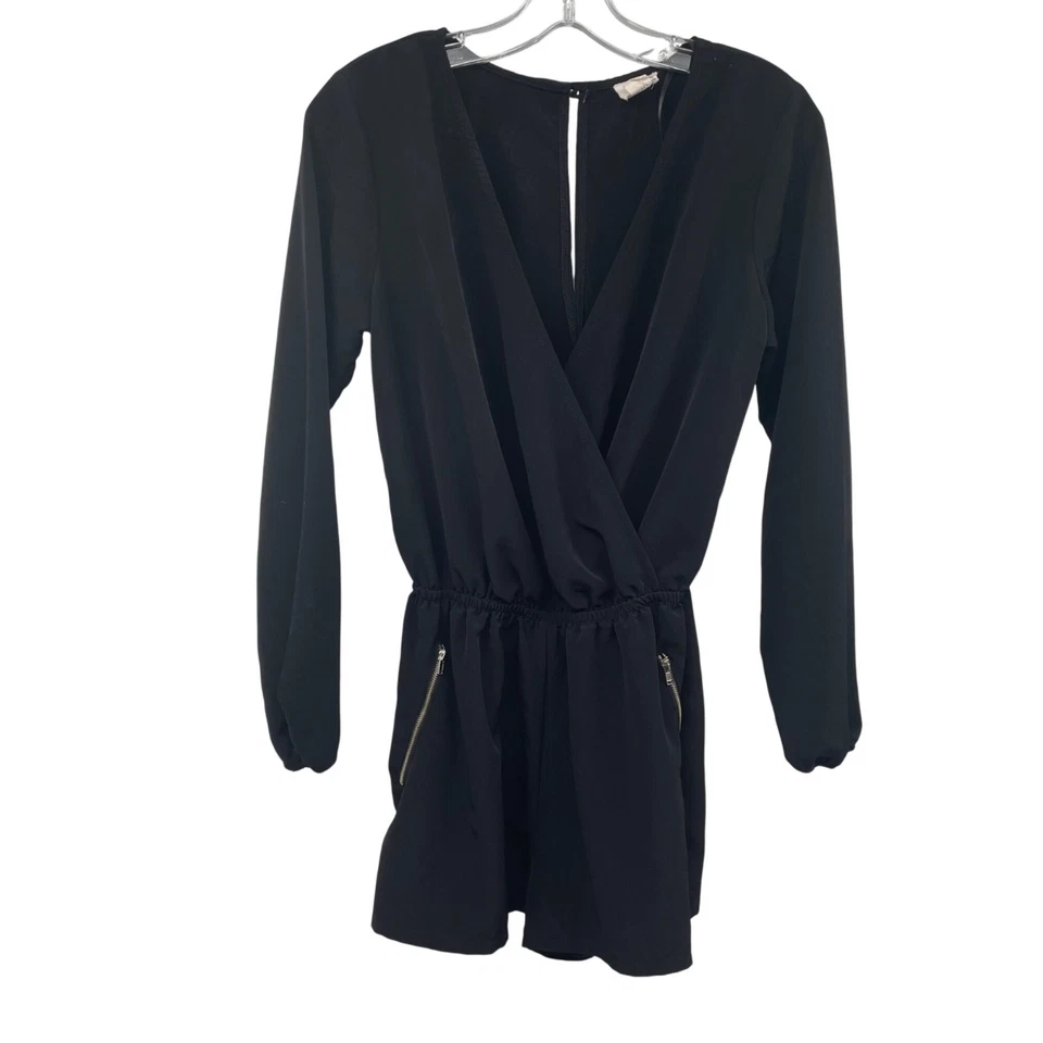 One Clothing Mujer Mameluco Negro Manga Larga Cuello en V Bolsillos con Cremallera Talla Pequeña Foto 1 de 4