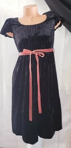 Black Vintage 80's Crushed Velvet Empire Waist Goth Rockabilly Satin Dress Sz S - Picture 1 of 9