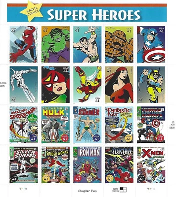 Hoja de estampillas de 41 centavos de superhéroes de Marvel Comics de Estados Unidos 20 estampillas Spider-Man Iron Hulk Foto 1 de 4