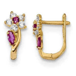 14K Solid Yellow Gold Red CZ Flower Huggie Mini Small Hoop Earrings - Picture 1 of 4
