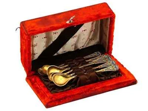 Gilt Sterling Silver And Enamel Spoon Set Iob - Picture 1 of 6
