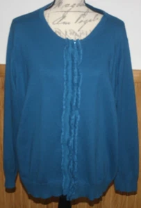 Jones New York SweaterPlus Sz 3X Cotton Green Cardigan Ruffle Front LS Womens - Picture 1 of 8