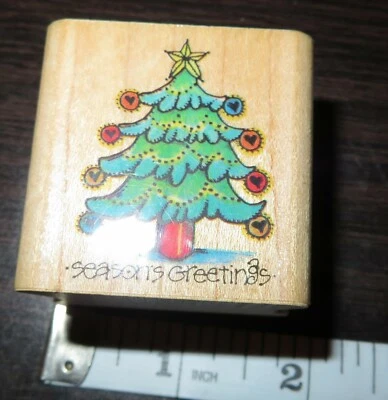 Sello de goma vintage TODA LA NOCHE MEDIOS corazón árbol de Navidad 632E base de madera 1982 Foto 1 de 4