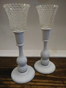 Taper Candle Sticks With Votive Cup Clear Refurbished White 10 Inches - Picture 1 of 5