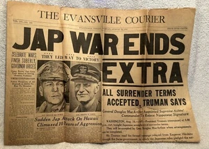 Original V-J Day Evansville IN Courier Newspaper Jap War Ends August 14, 1945 - Picture 1 of 8