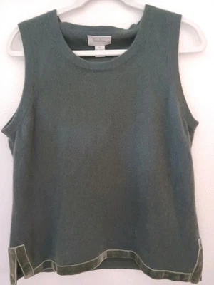 Neiman Marcus 100% Cashmere Dark Green Sleeveless Sweater Shell Velvet Trim L/XL - Image 1 of 4