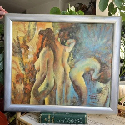 Pintura al óleo vintage retrato impresionista desnudos en taller artista firmado 68x57 Foto 1 de 4