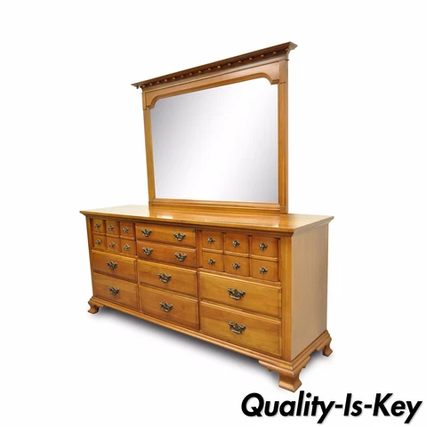 Vintage Monitor American Emblem Colonial Cherry Wood Long Dresser Chest & Mirror Cover