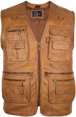 Herren Lederweste Anglerweste Freizeit Camp Weste Braun Echtes Lamm Leder  - Bild 1 von 4