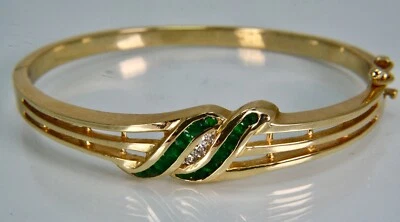 .79ctw Round Emerald Channel Set W/ Diamond 7.5"  Bracelet 14k Yellow Gold Lot 5 — 第 1/4 张图片