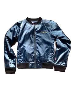 Dangerfield Satin Dragon Embroidered Bomber Jacket Petrol Blue Satin - Size 10 - Picture 1 of 7