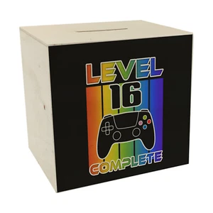 16. Geburtstag Gamer Spardose aus Holz mit Spruch Level 16 complete - Bild 1 von 6