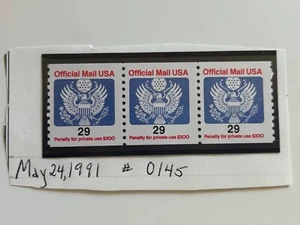 US Stamps SC# O145 Official Mail 29c coil strip of 3 MNH 1991 - Picture 1 of 1