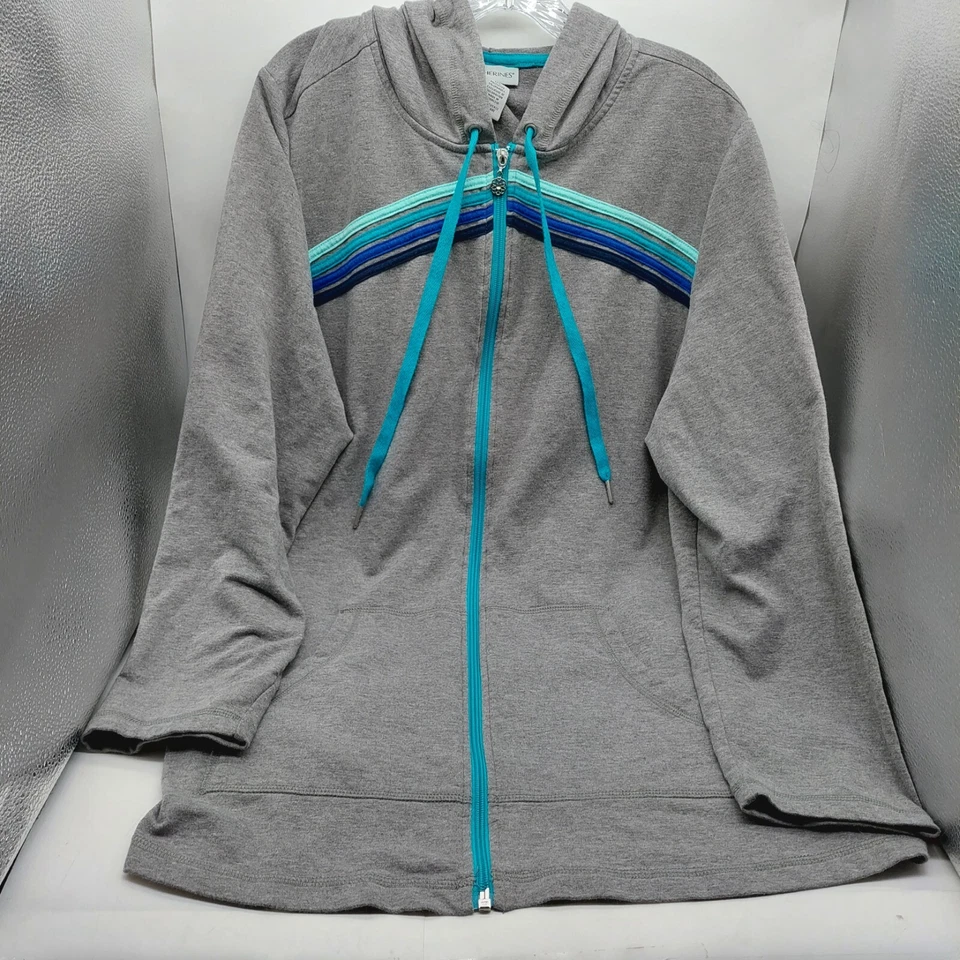 Sudadera con Capucha CATHERINES Para Mujer Talla 2X 22W 24W Gris Teal Rayas Cremallera Completa  Foto 1 de 4