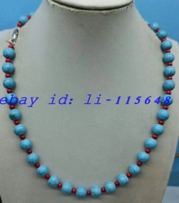 Delicado collar de cuentas redondas de piedras preciosas de coral rojo de 10 mm azul turquesa y 4 mm 20" Foto 1 de 4