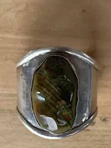 HUGE VINTAGE STERLING SILVER HAND MADE BRUTALIST MODERNIST CUFF BRACELET AGATE? - Picture 1 of 6