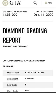 GIA Certificate 0.91ct F Color VS2 Clarity Radiant Shape Ideal Cut Loose Diamond - Picture 1 of 2