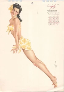 Original Vintage July 1946 VARGAS Pinup Calendar Girl Brunette Yellow Bikini - Picture 1 of 1