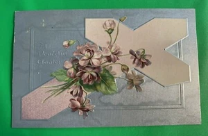 Pink Cross, Purple Flowers, Silver Metallic Card ~ Easter Postcard ~ Embossed - Picture 1 of 2