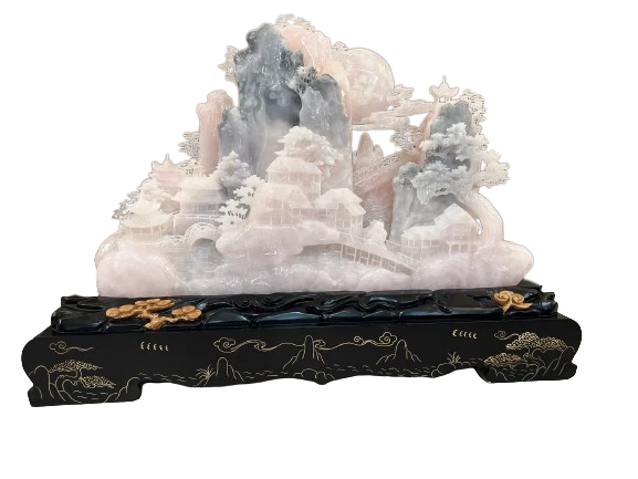 Antiguo paisaje chino grande de pueblo y montaña de jade rosa y gris Foto 1 de 1