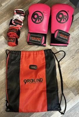 Pink 10 oz 9 Round 9R 30 Min Kickboxing Boxing Gloves, Hand Wraps, Monitor, Bag - Image 1 of 4