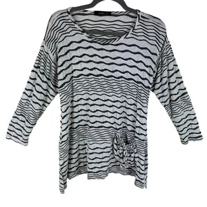 Yushi Dark Gray White Striped Round Neck 3/4 Sleeve Gauze Blouse Size XL - Picture 1 of 5